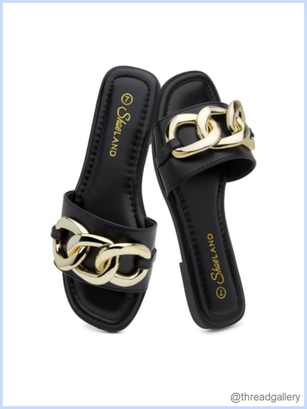 Women's Flat Slide Sandals with Metal Chain Square Open Toe Cushioned